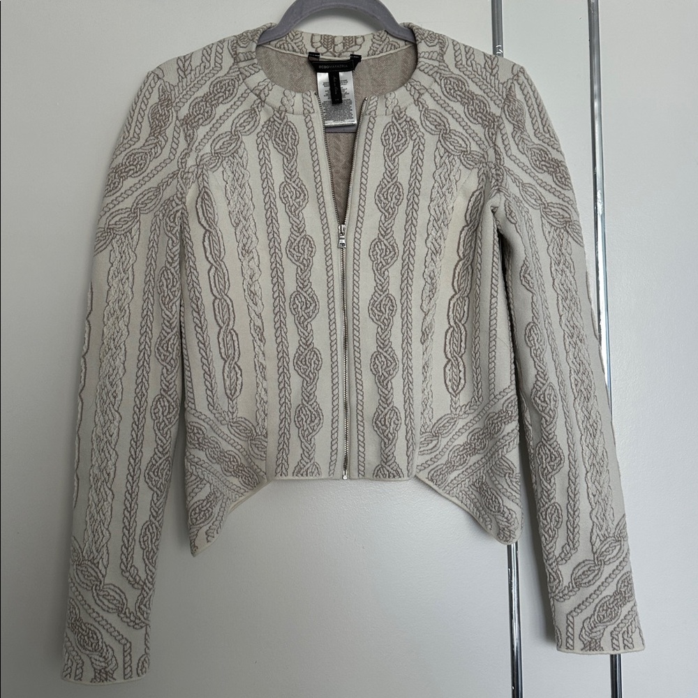 BCBGMaxAzria Cream and Brown Cable Knit Sweater, Size XS